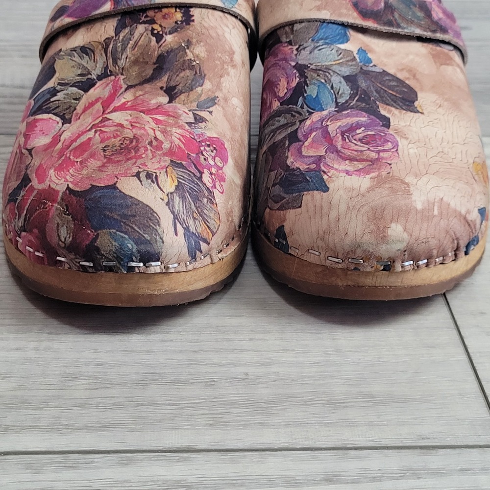 🌸Moheda Sweden Floral Leather Wooden Clogs Women 40 /US 9-9.5 (c-video) - Picture 6 of 16